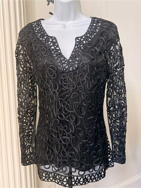 Black Lace W/Tiny Beading V-Neck Women's Top Sz S